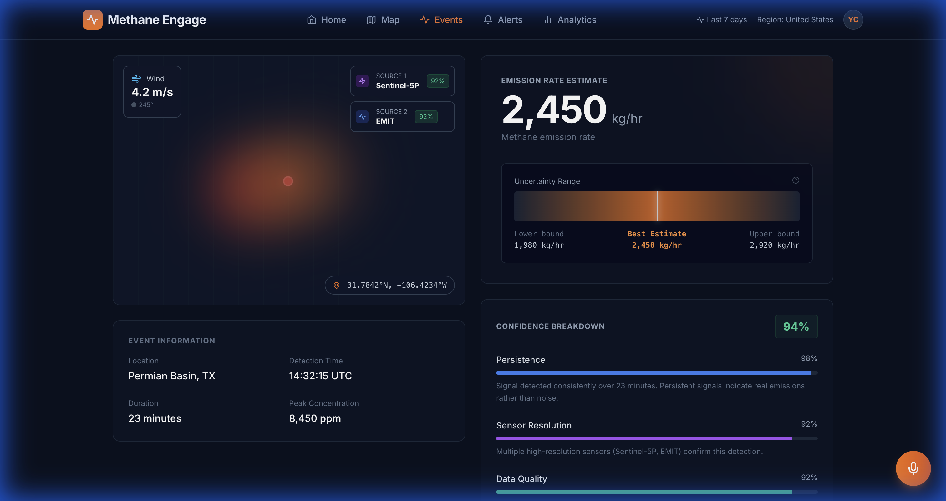 Nebumi Events Dashboard showing methane detection and monitoring